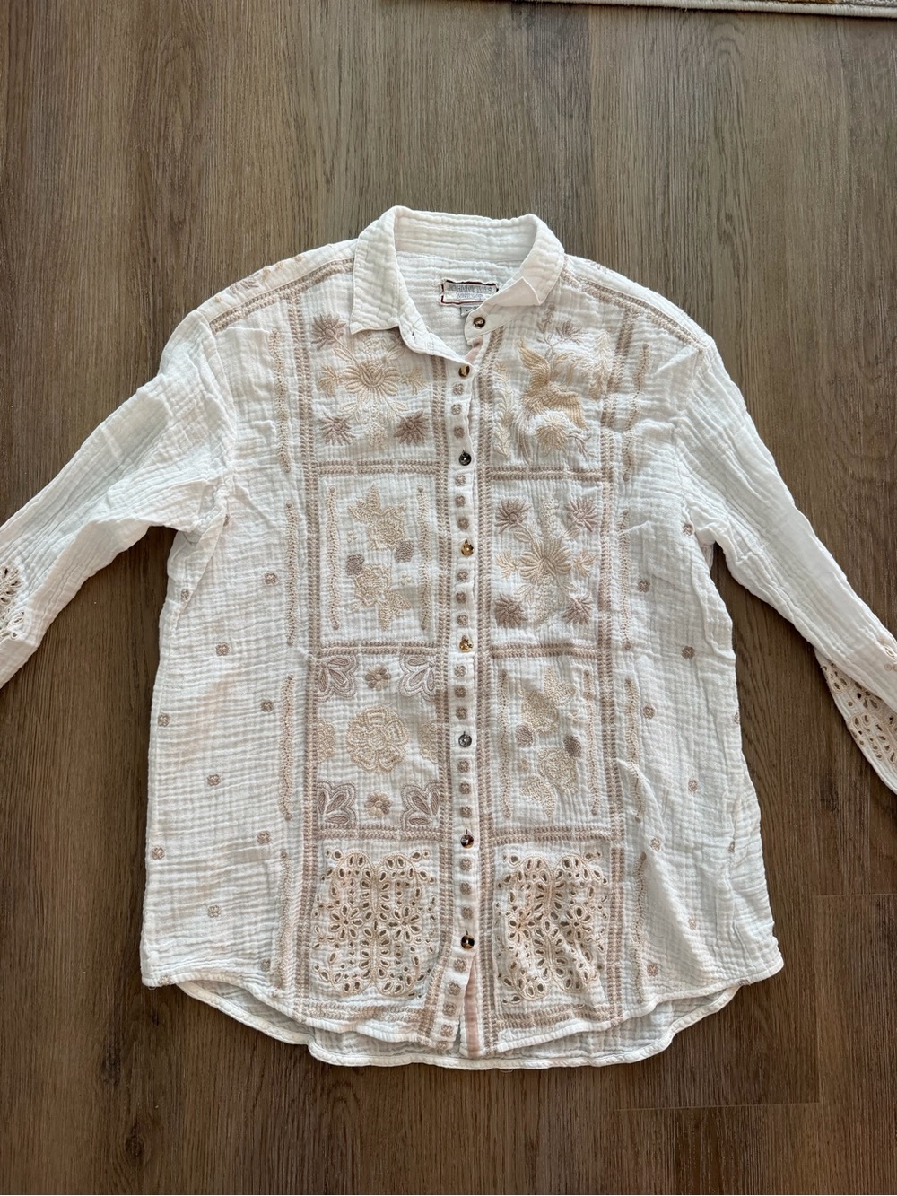 Johnny Was Cream Gauze Button-Up Top with Red Trim
